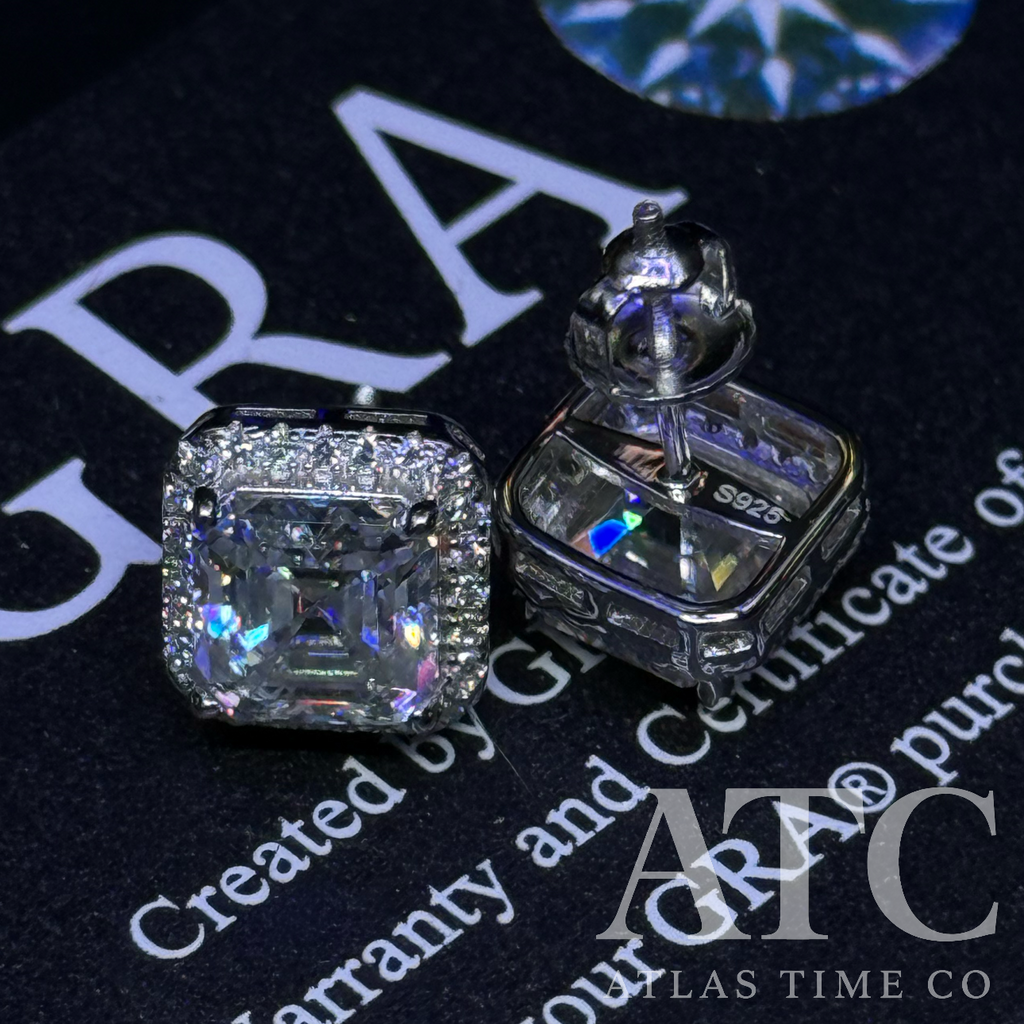 Asscher Cut VVS1 9.5mm Moissanite Earrings GRA CERTIFIED - 925 Sterling Silver