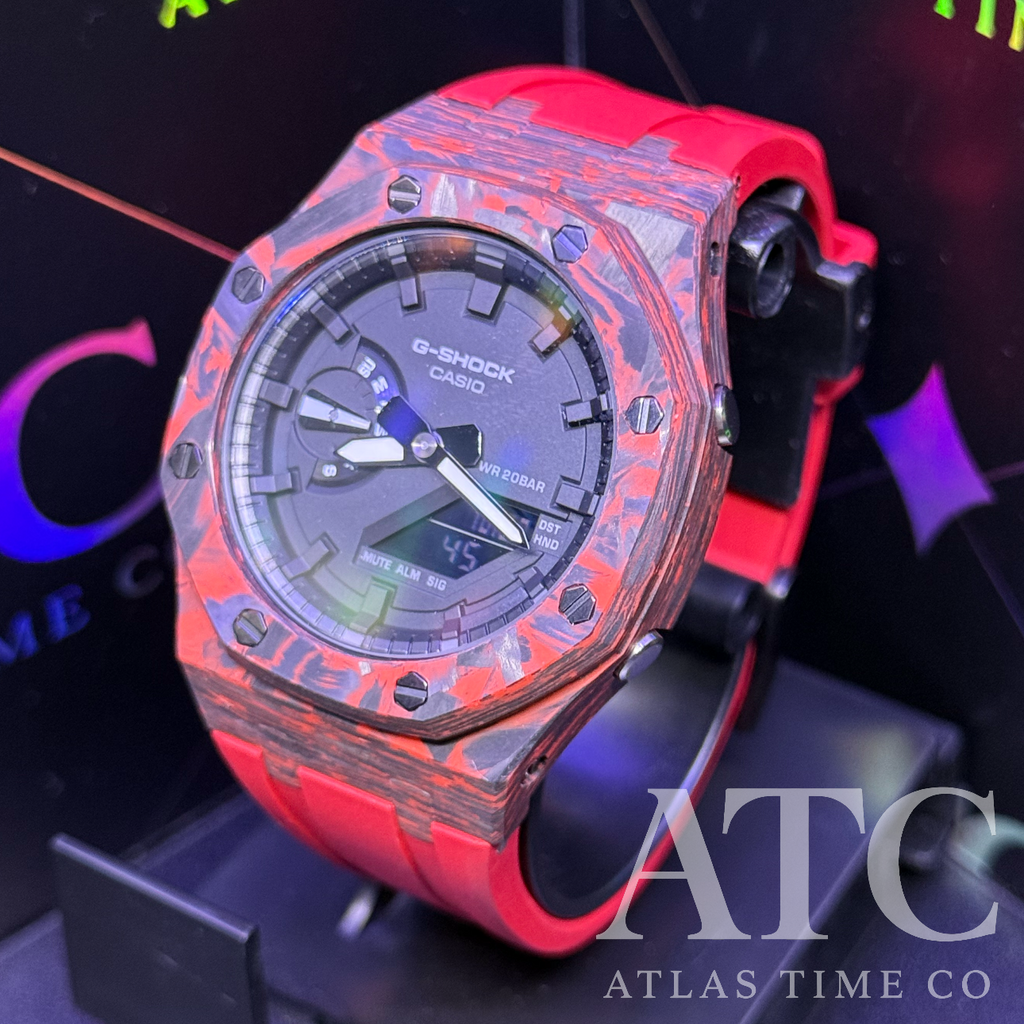 Forged Carbon Fiber G-Shock GA-2100-7A Custom Watch (Red)
