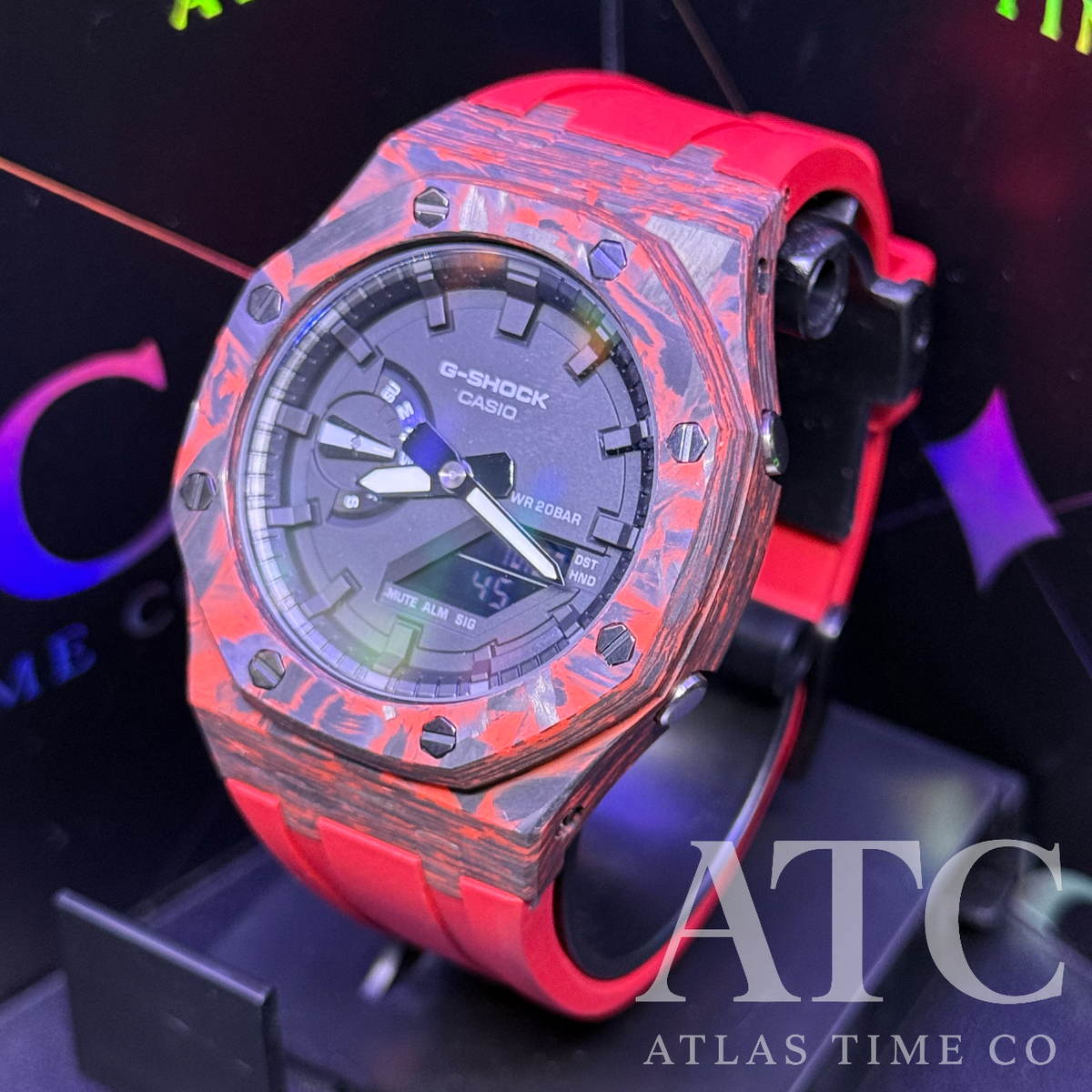 Forged Carbon Fiber G-Shock GA-2100-7A Custom Watch (Red)