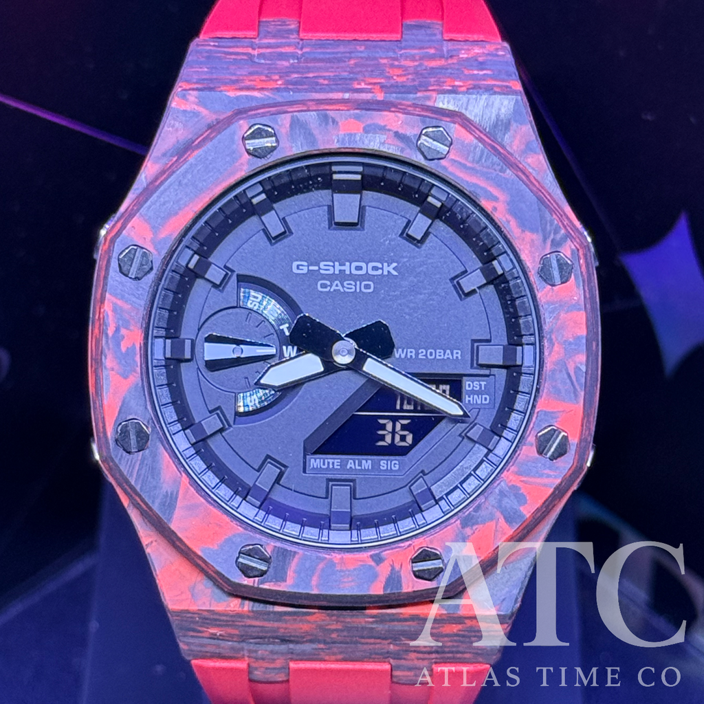 Forged Carbon Fiber G-Shock GA-2100-7A Custom Watch (Red)