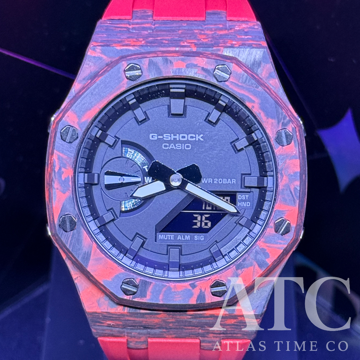 Forged Carbon Fiber G-Shock GA-2100-7A Custom Watch (Red)