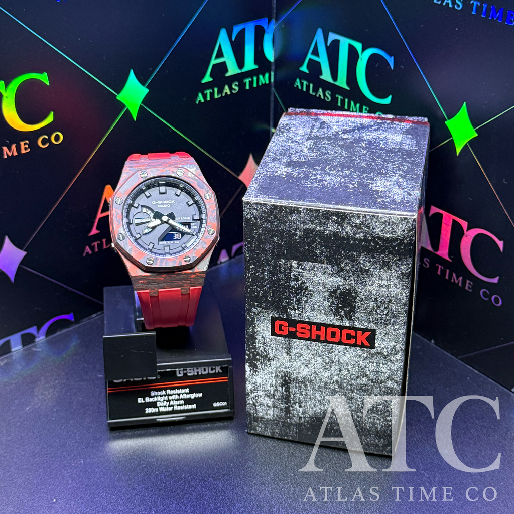 Forged Carbon Fiber G-Shock GA-2100-7A Custom Watch (Red)