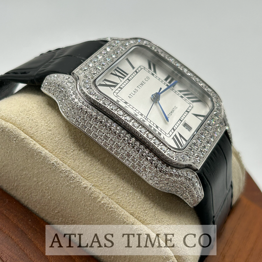 VVS1 Moissanite Atlas Time Co Imperium Stainless Steel Mechanical Watch - GRA CERTIFIED (Silver/Black)