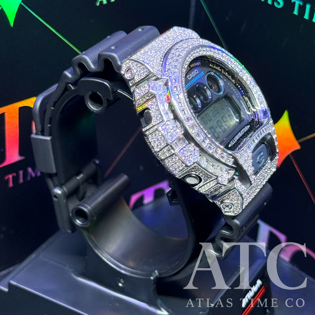 CZ Simulated Baguette Diamonds G-Shock DW6900-1V Watch - 5A Grade Cubic Zirconia