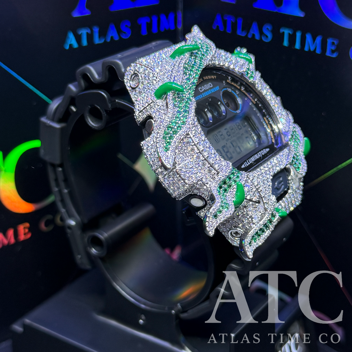 VVS1 Moissanite G-Shock DW6900-1V Watch - GRA CERTIFIED (ATC Enamel Series Green)