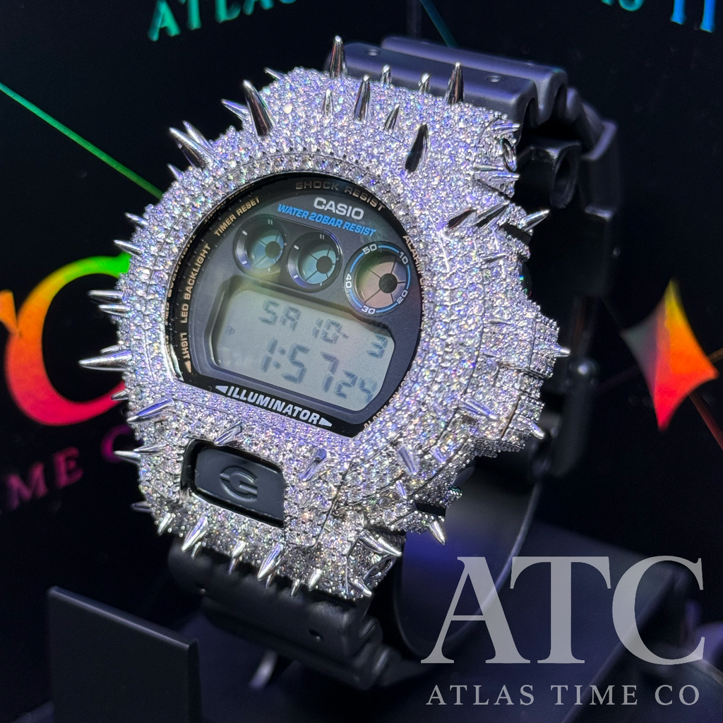 VVS1 Moissanite G-Shock Spikes DW6900-1V Watch - GRA CERTIFIED