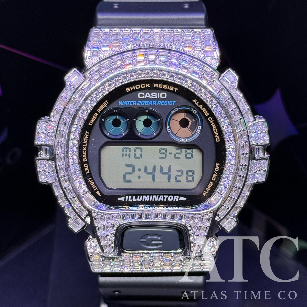 CZ Simulated Baguette Diamonds G-Shock DW6900-1V Watch - 5A Grade Cubic Zirconia