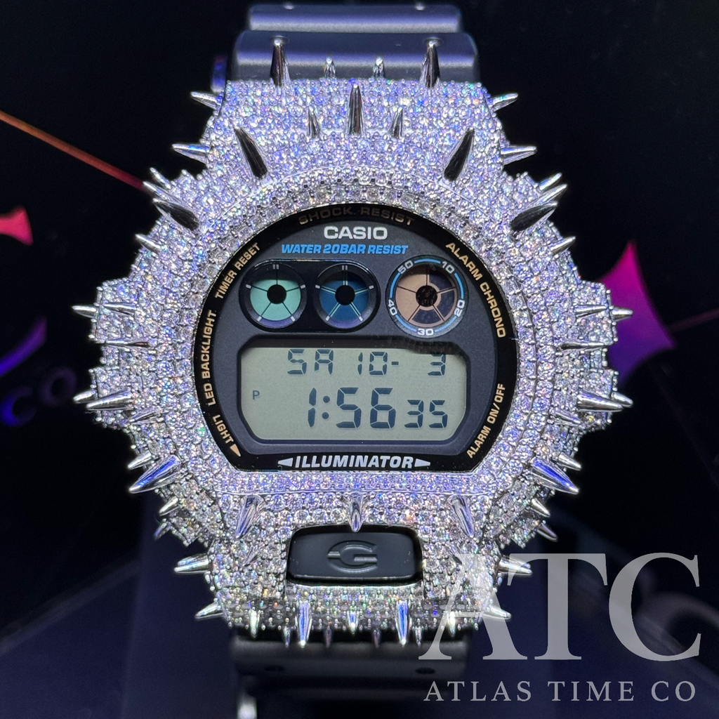 VVS1 Moissanite G-Shock Spikes DW6900-1V Watch - GRA CERTIFIED