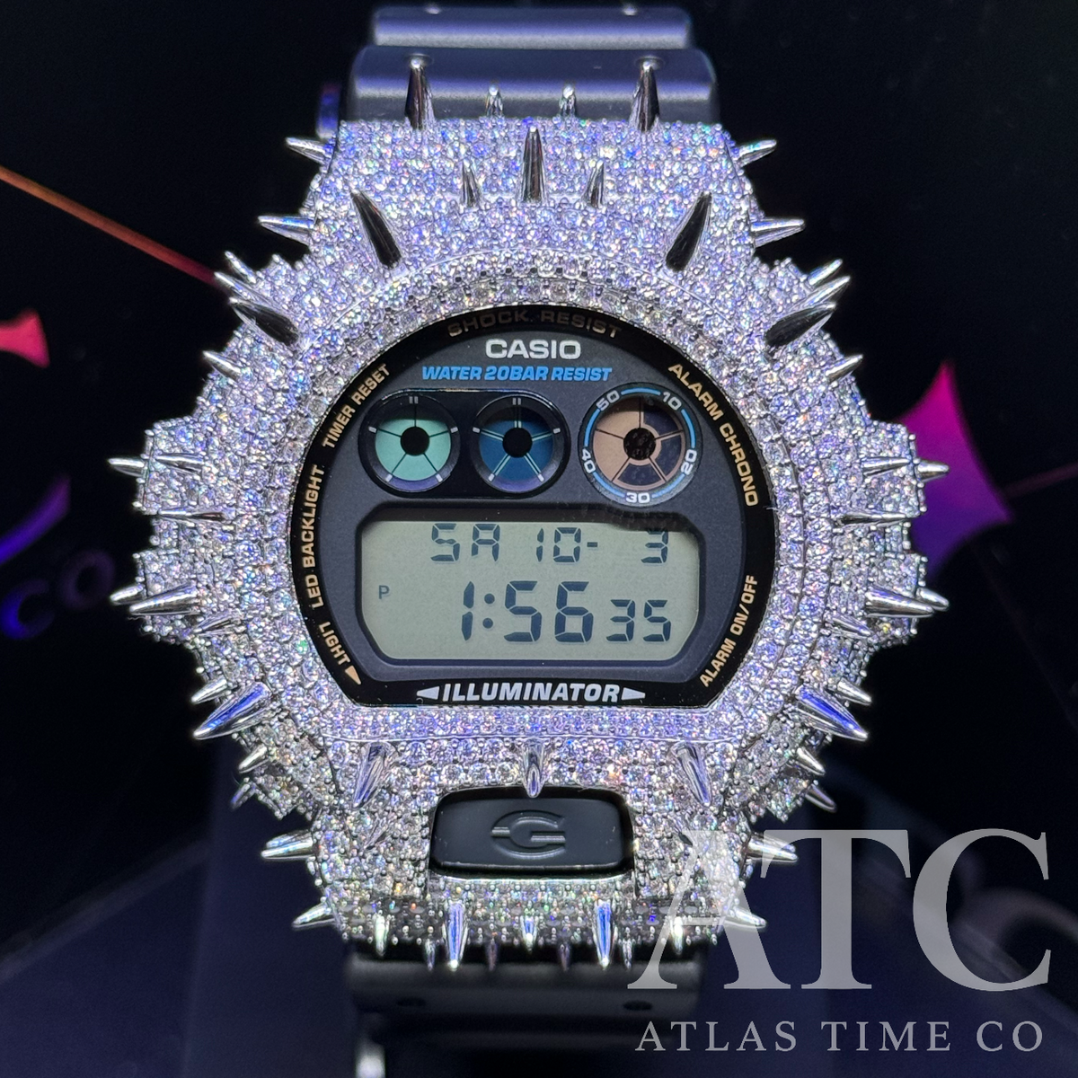 VVS1 Moissanite G-Shock Spikes DW6900-1V Watch - GRA CERTIFIED
