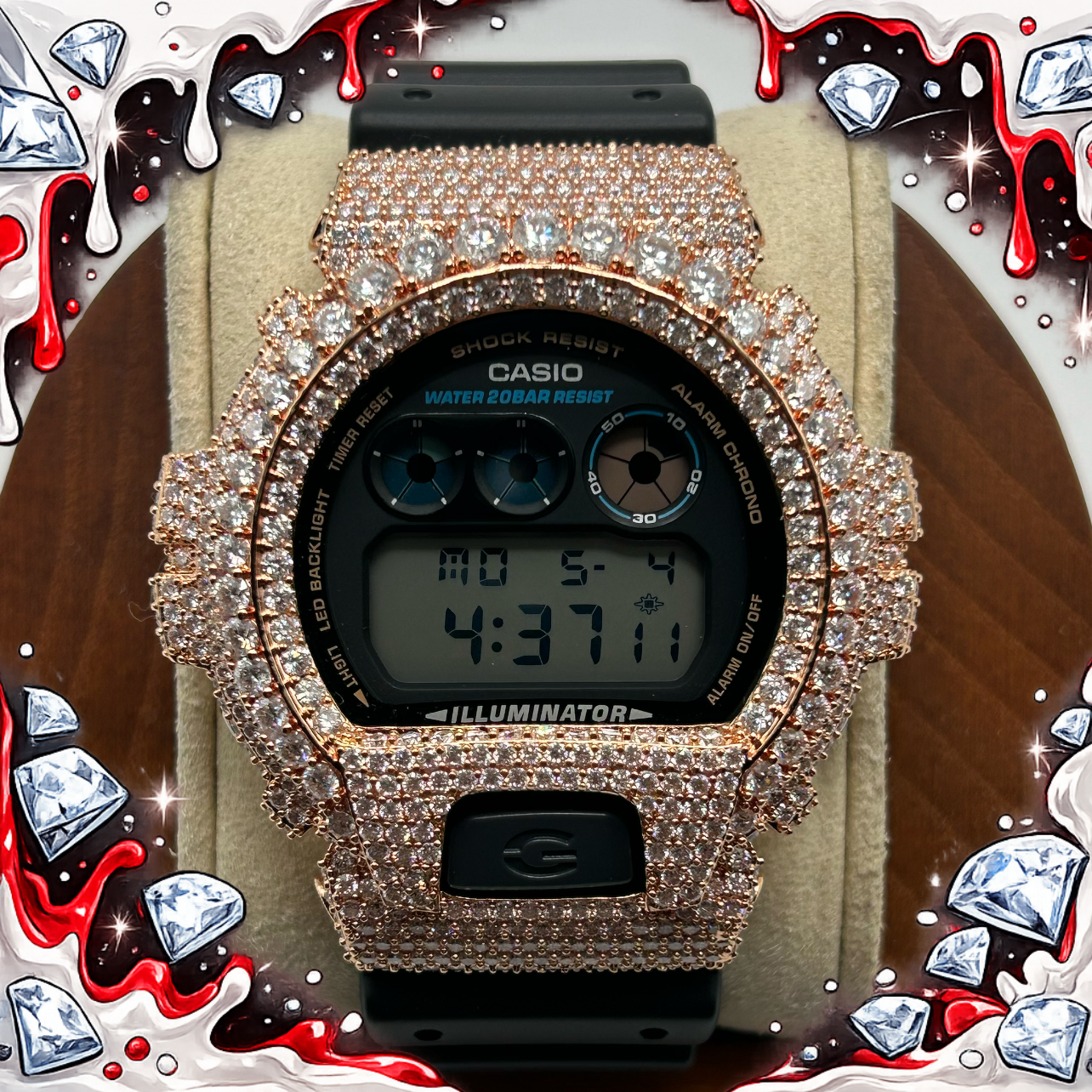 VVS1 Moissanite G-Shock DW6900-1V Watch - GRA CERTIFIED