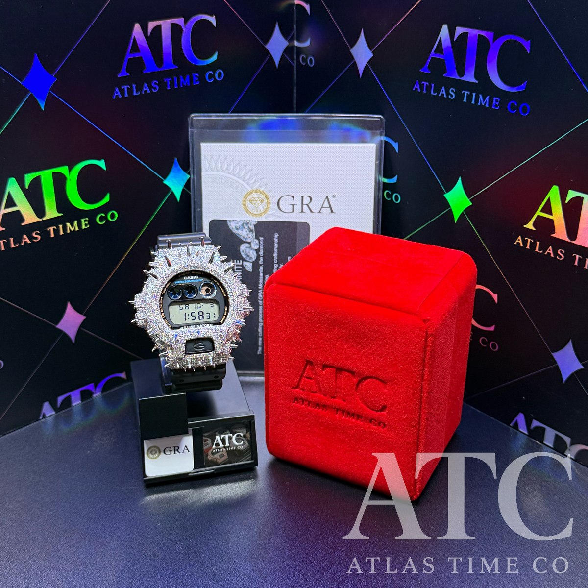 VVS1 Moissanite G-Shock Spikes DW6900-1V Watch - GRA CERTIFIED