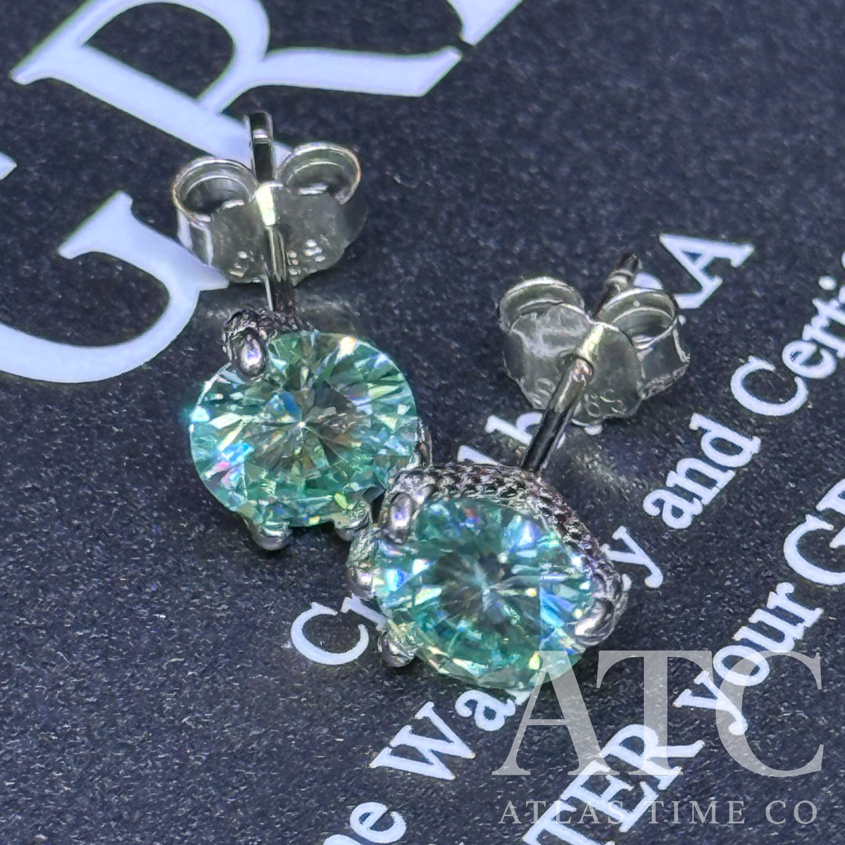 VVS1 6.5mm Green Moissanite Claw Setting Earrings GRA CERTIFIED - 925 Sterling Silver