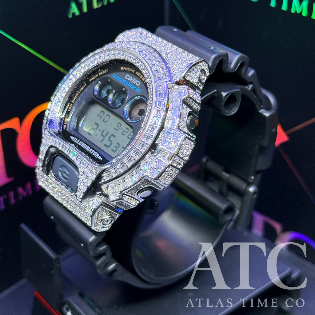 CZ Simulated Baguette Diamonds G-Shock DW6900-1V Watch - 5A Grade Cubic Zirconia
