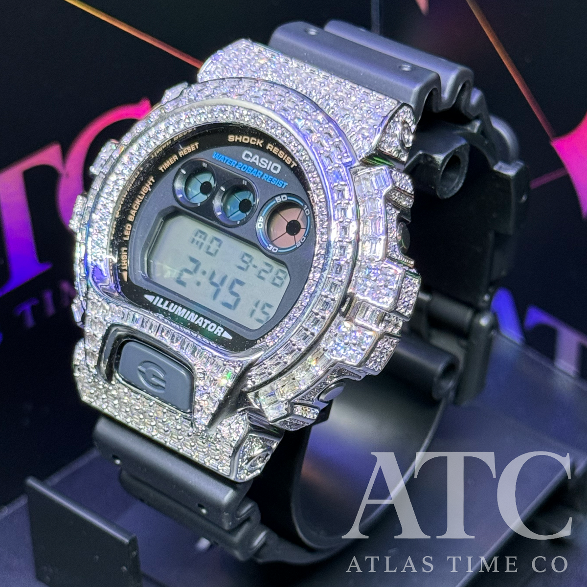 CZ Simulated Baguette Diamonds G-Shock DW6900-1V Watch - 5A Grade Cubic Zirconia